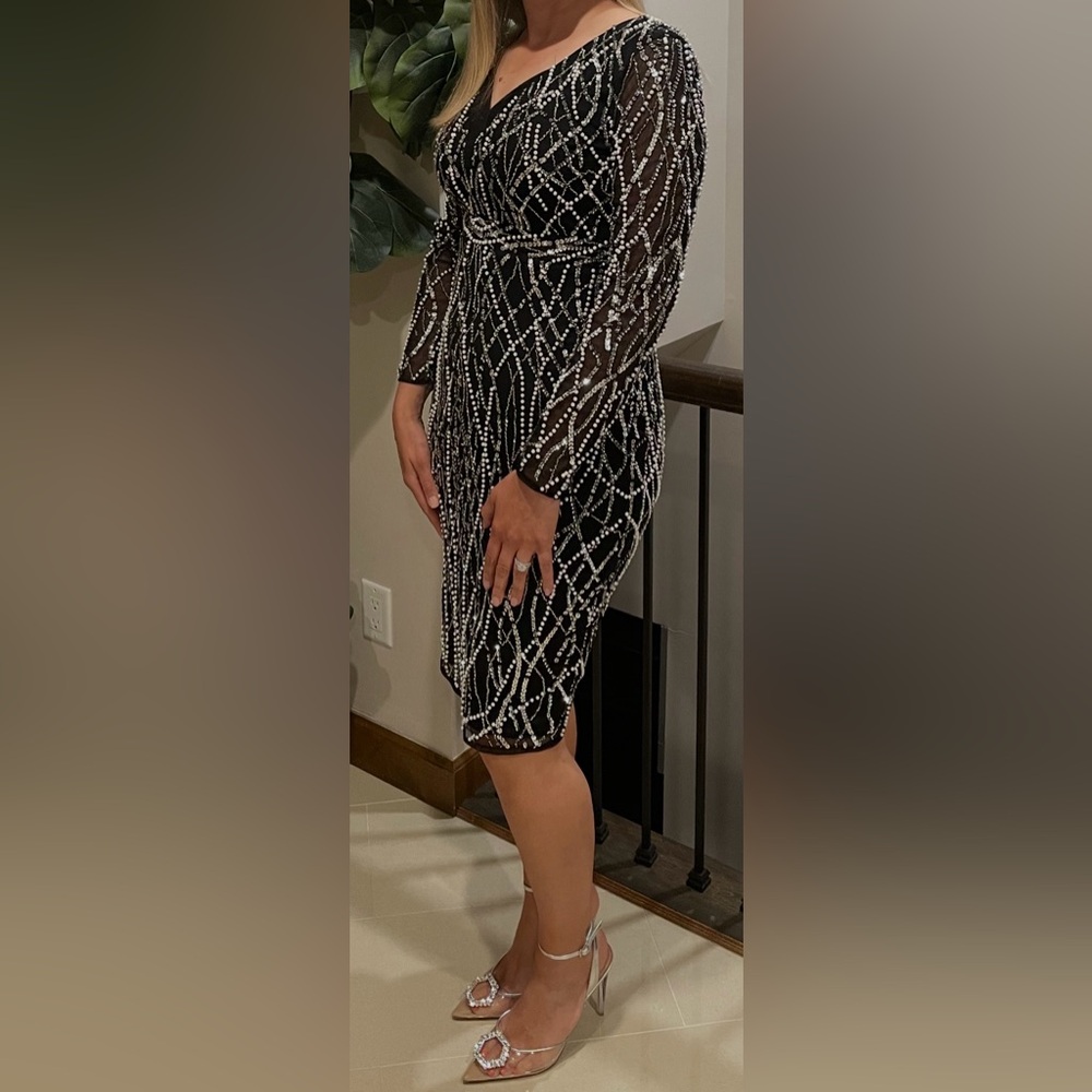 Glamorous Black and Silver Sequin Long Sleeve Dress